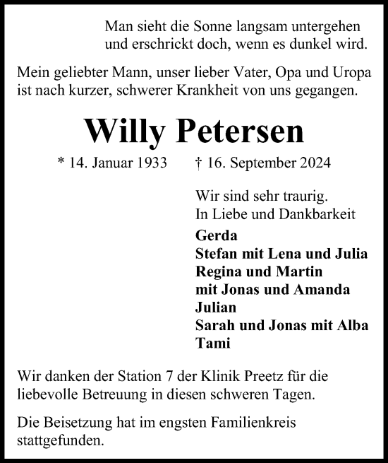 Traueranzeige von Willy Petersen von Kieler Nachrichten