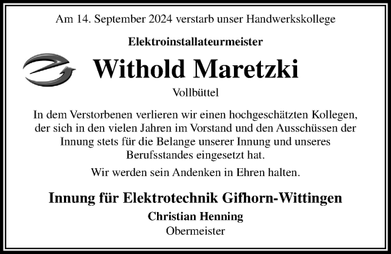 Traueranzeige von Withold Maretzki von Aller Zeitung