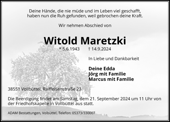 Traueranzeige von Witold Maretzki von Aller Zeitung