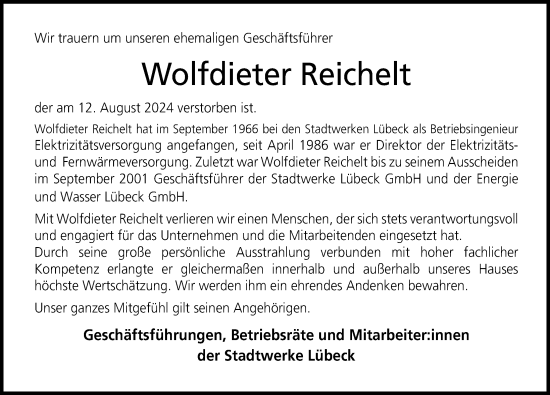 Traueranzeige von Wolfdieter Reichelt von Lübecker Nachrichten