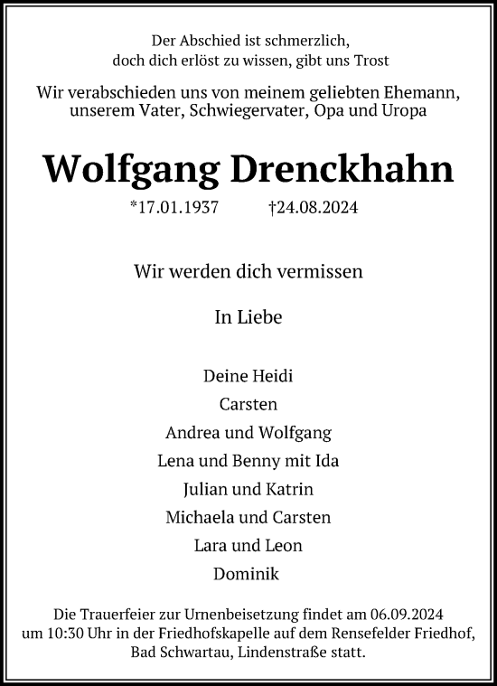 Traueranzeige von Wolfgang Drenckhahn von Lübecker Nachrichten