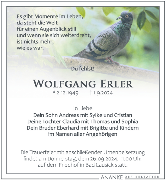 Traueranzeige von Wolfgang Erler von Leipziger Volkszeitung