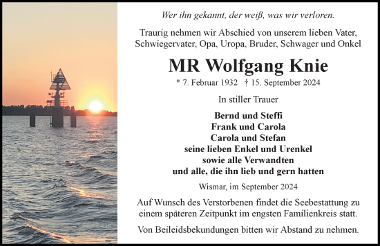 Traueranzeige von Wolfgang Knie von Ostsee-Zeitung GmbH