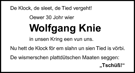 Traueranzeige von Wolfgang Knie von Ostsee-Zeitung GmbH