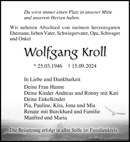 Traueranzeige von Wolfgang Kroll von Ostsee-Zeitung GmbH