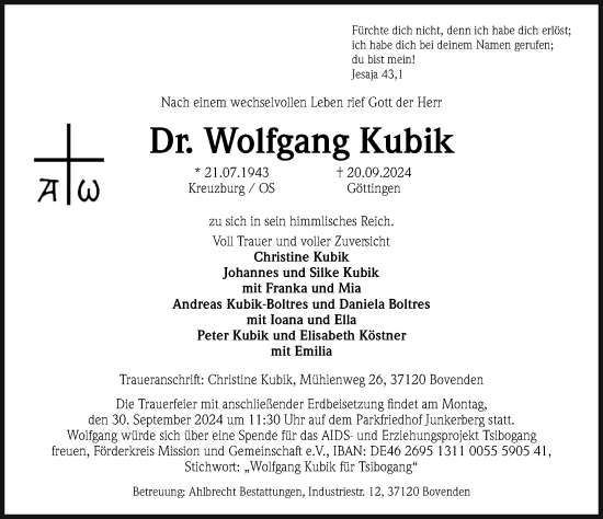 Traueranzeige von Wolfgang Kubik von Göttinger Tageblatt