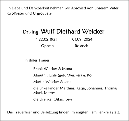 Traueranzeige von Wulf Diethard Weicker von Ostsee-Zeitung GmbH