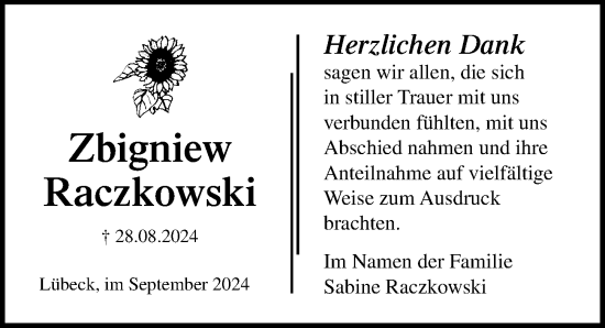 Traueranzeige von Zbigniew Raczkowski von Lübecker Nachrichten