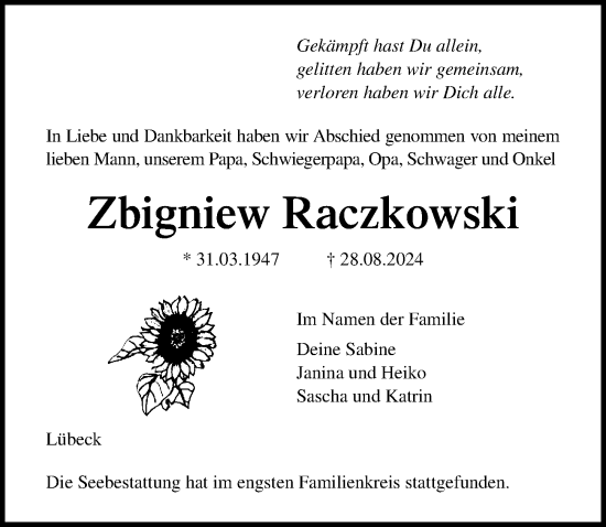 Traueranzeige von Zbigniew Raczkowski von Lübecker Nachrichten