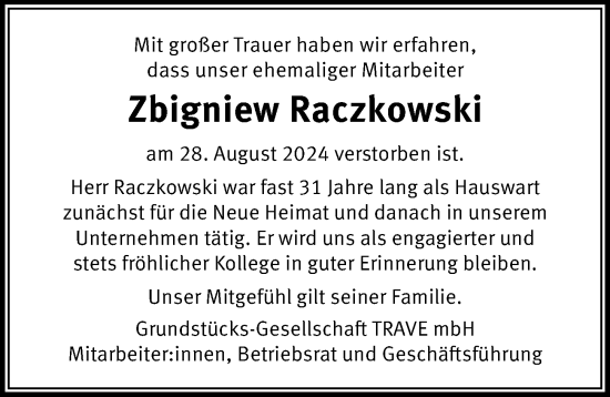 Traueranzeige von Zbigniew Raczkowski von Lübecker Nachrichten