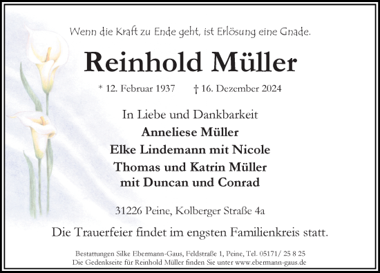 Traueranzeige von Reinhold Müller von Peiner Allgemeine Zeitung