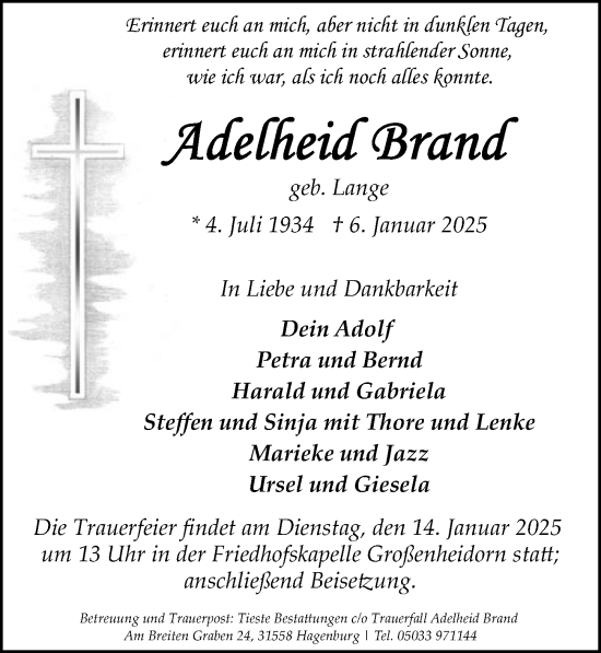 Traueranzeige von Adelheid Brand von Hannoversche Allgemeine Zeitung/Neue Presse