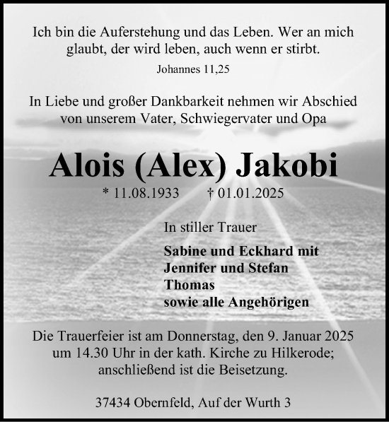 Traueranzeige von Alois  Jakobi von Eichsfelder Tageblatt