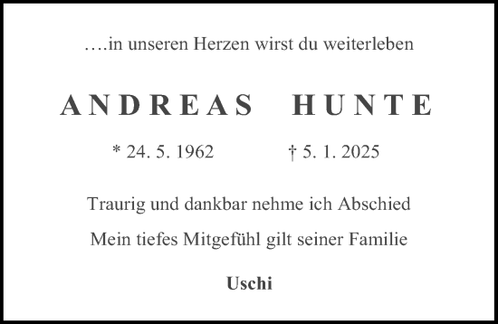 Traueranzeige von Andreas Hunte von Hannoversche Allgemeine Zeitung/Neue Presse