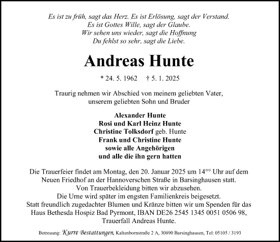 Traueranzeige von Andreas Hunte von Hannoversche Allgemeine Zeitung/Neue Presse