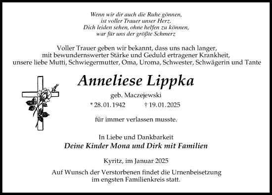 Traueranzeige von Anneliese Lippka von Märkischen Allgemeine Zeitung