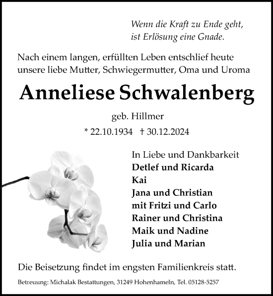 Traueranzeige von Anneliese Schwalenberg von Peiner Allgemeine Zeitung