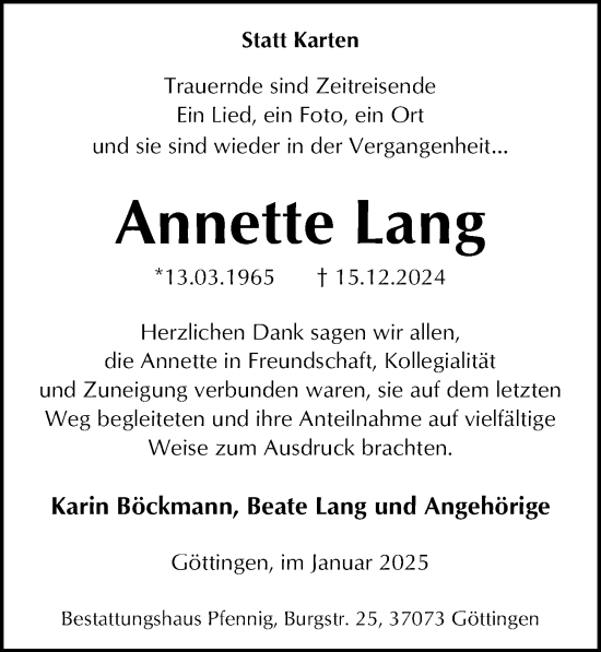 Traueranzeige von Annette Lang von Göttinger Tageblatt