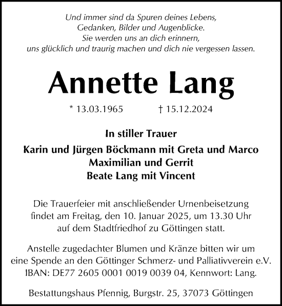 Traueranzeige von Annette Lang von Göttinger Tageblatt