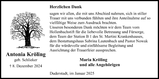 Traueranzeige von Antonia Kröling von Eichsfelder Tageblatt