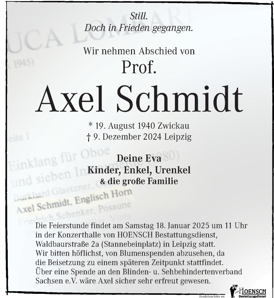  Traueranzeige für Axel Schmidt vom 04.01.2025 aus Leipziger Volkszeitung