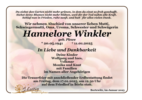 Traueranzeige von Hannelore Winkler von Leipziger Volkszeitung