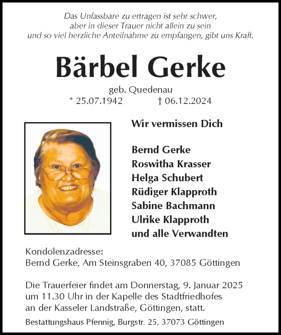 Traueranzeige von Bärbel Gerke von Göttinger Tageblatt