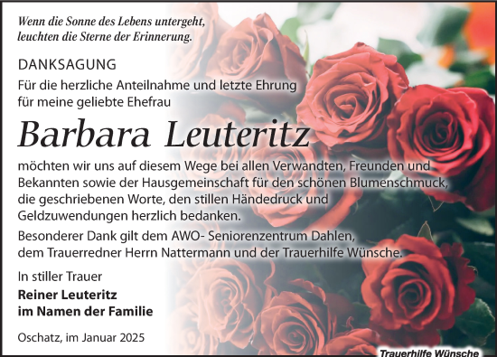 Traueranzeige von Barbara Leuteritz von Leipziger Volkszeitung