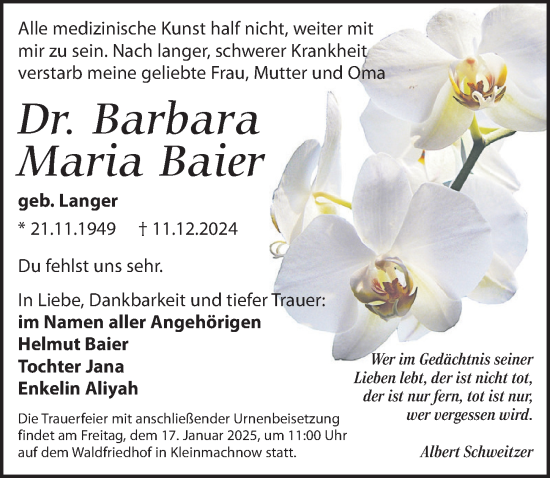 Traueranzeige von Barbara Maria Baier von Märkischen Allgemeine Zeitung