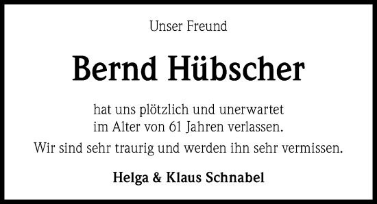 Traueranzeige von Bernd Hübscher von Hannoversche Allgemeine Zeitung/Neue Presse