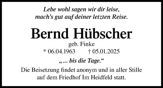 Traueranzeige von Bernd Hübscher von Hannoversche Allgemeine Zeitung/Neue Presse