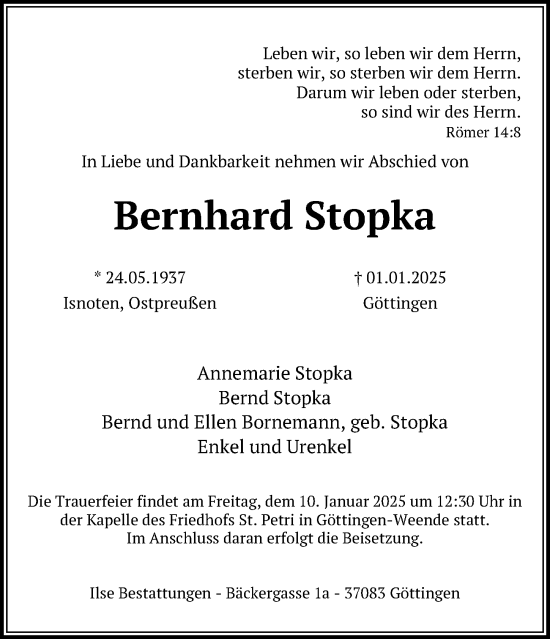 Traueranzeige von Bernhard Stopka von Göttinger Tageblatt