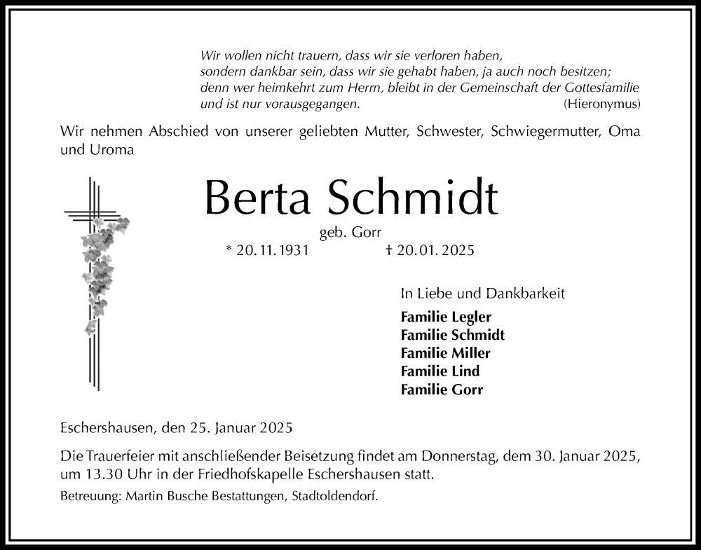  Traueranzeige für Berta Schmidt vom 25.01.2025 aus Täglicher Anzeiger Holzminden