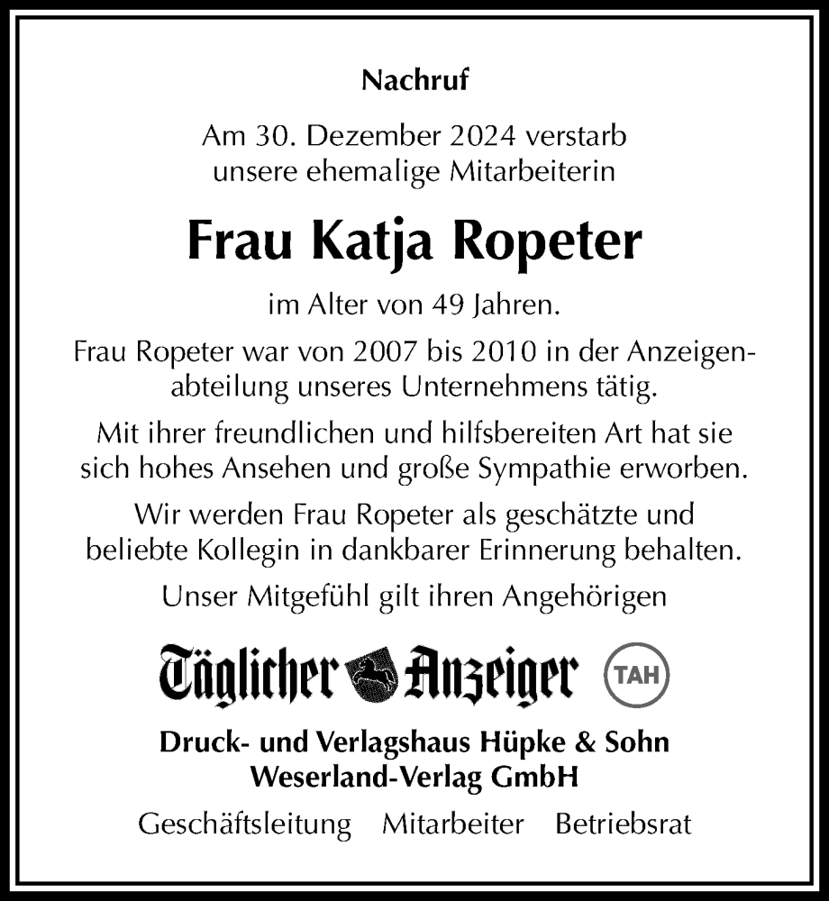  Traueranzeige für Katja Ropeter vom 11.01.2025 aus Täglicher Anzeiger Holzminden