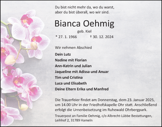 Traueranzeige von Bianca Oehmig von Täglicher Anzeiger Holzminden
