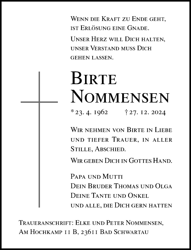  Traueranzeige für Birte Nommensen vom 05.01.2025 aus Lübecker Nachrichten