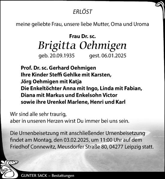 Traueranzeige von Brigitta Oehmigen von Leipziger Volkszeitung