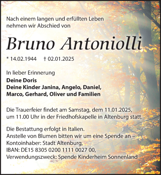 Traueranzeige von Bruno Antoniolli von Leipziger Volkszeitung