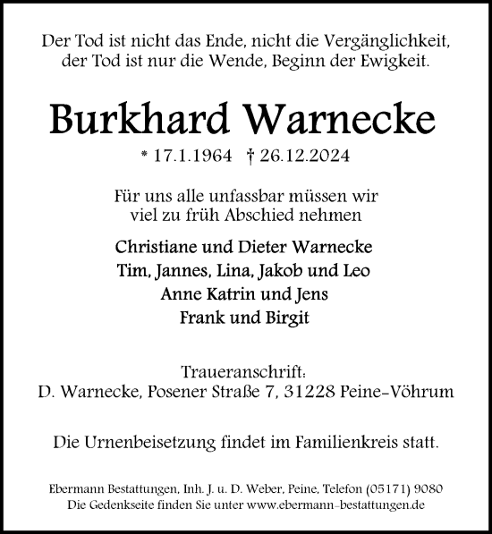 Traueranzeige von Burkhard Warnecke von Peiner Allgemeine Zeitung