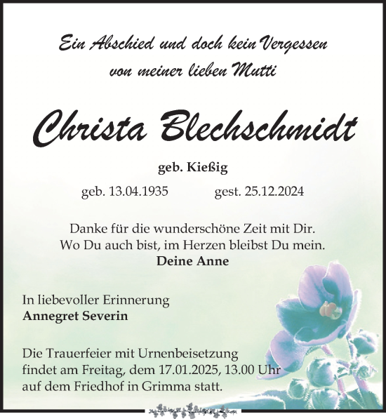 Traueranzeige von Christa Blechschmidt von Leipziger Volkszeitung