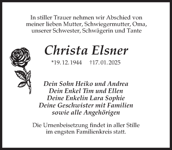 Traueranzeige von Christa Elsner von Wochenspiegel