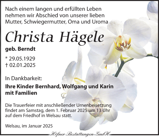 Traueranzeige von Christa Hägele von Torgauer Zeitung