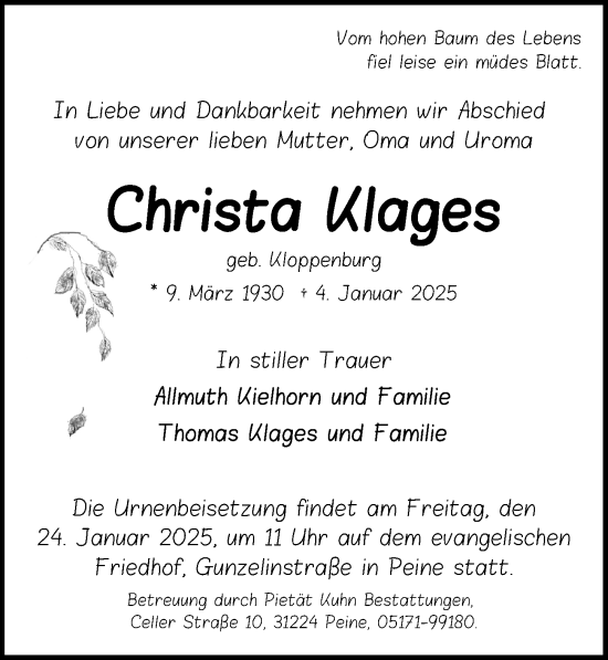 Traueranzeige von Christa Klages von Peiner Allgemeine Zeitung