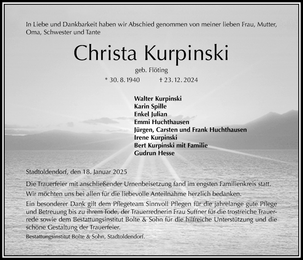  Traueranzeige für Christa Kurpinski vom 18.01.2025 aus Täglicher Anzeiger Holzminden