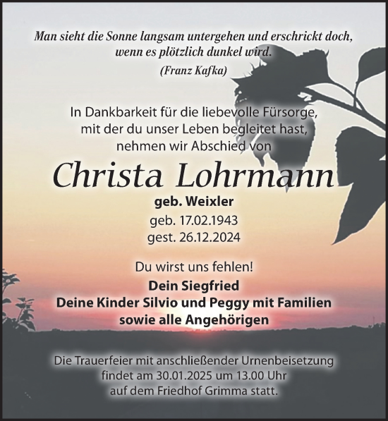 Traueranzeige von Christa Lohrmann von Leipziger Volkszeitung