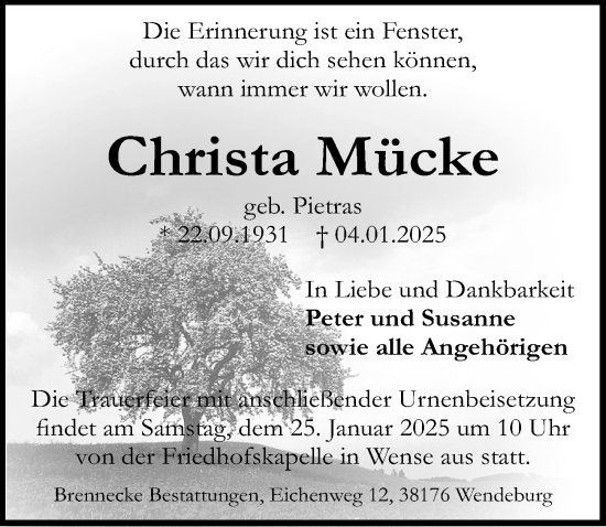 Traueranzeige von Christa Mücke von Peiner Allgemeine Zeitung