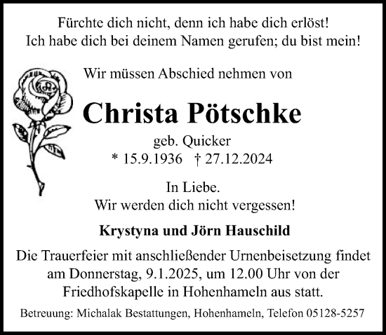 Traueranzeige von Christa Pötschke von Peiner Allgemeine Zeitung