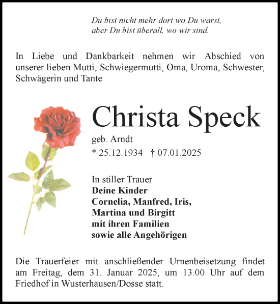 Traueranzeige von Christa Speck von Wochenspiegel