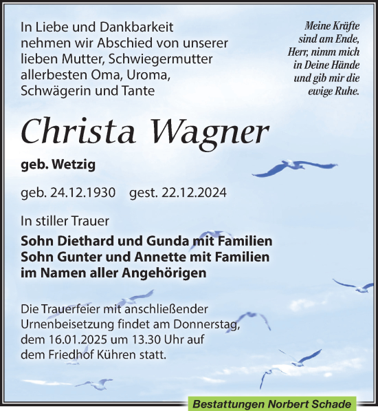 Traueranzeige von Christa Wagner von Leipziger Volkszeitung