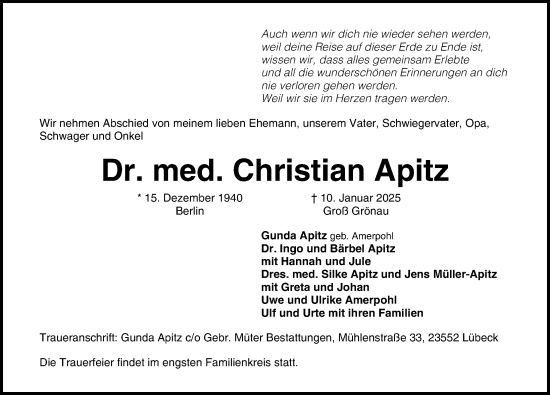 Traueranzeige von Christian Apitz von Lübecker Nachrichten